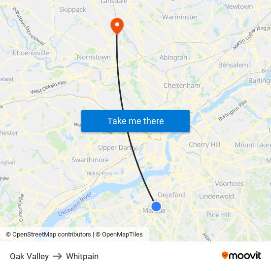 Oak Valley to Whitpain map