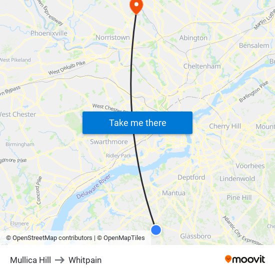 Mullica Hill to Whitpain map