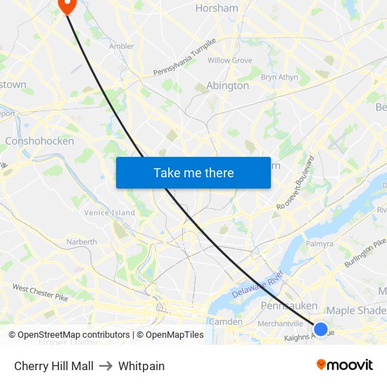 Cherry Hill Mall to Whitpain map