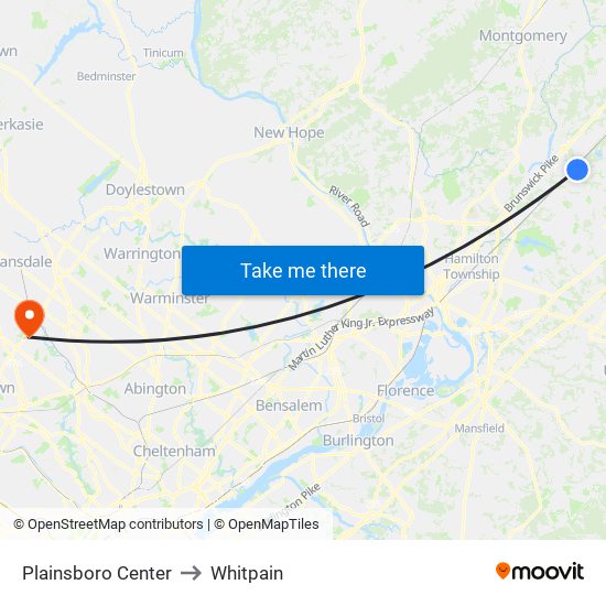 Plainsboro Center to Whitpain map