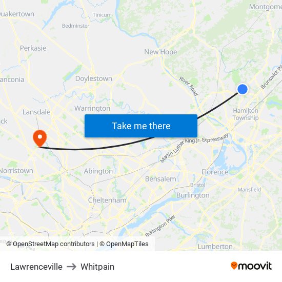 Lawrenceville to Whitpain map