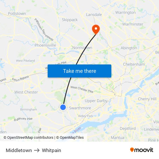 Middletown to Whitpain map