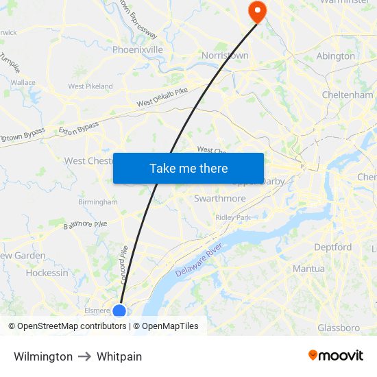 Wilmington to Whitpain map