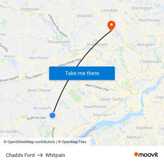 Chadds Ford to Whitpain map