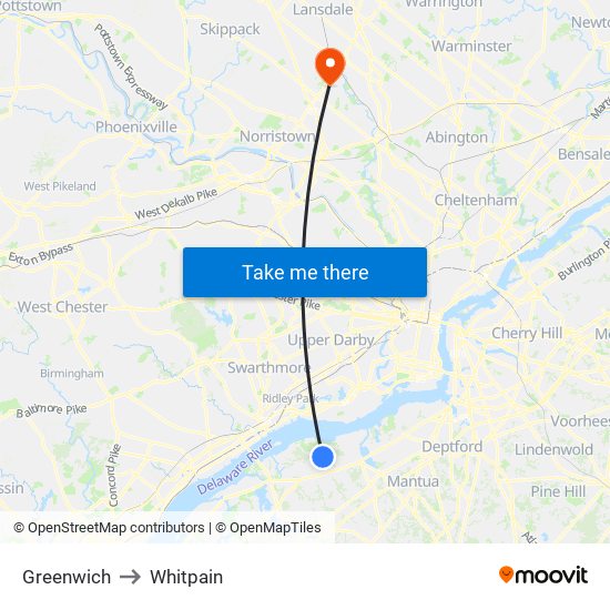 Greenwich to Whitpain map