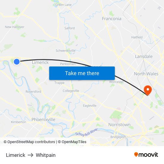 Limerick to Whitpain map