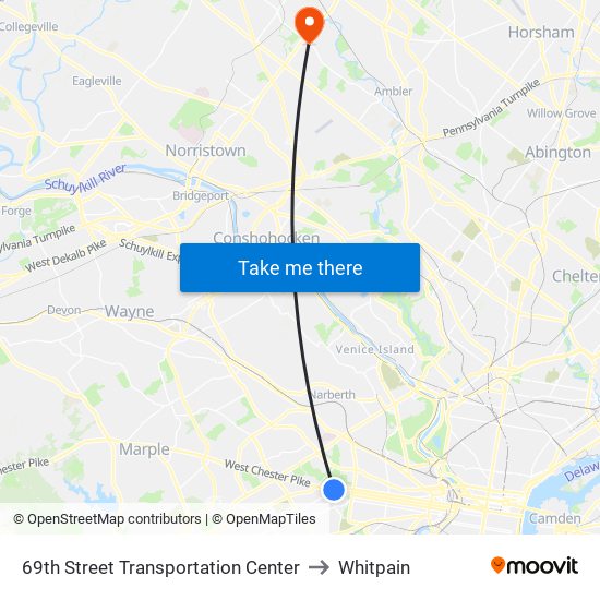 69th Street Transportation Center to Whitpain map