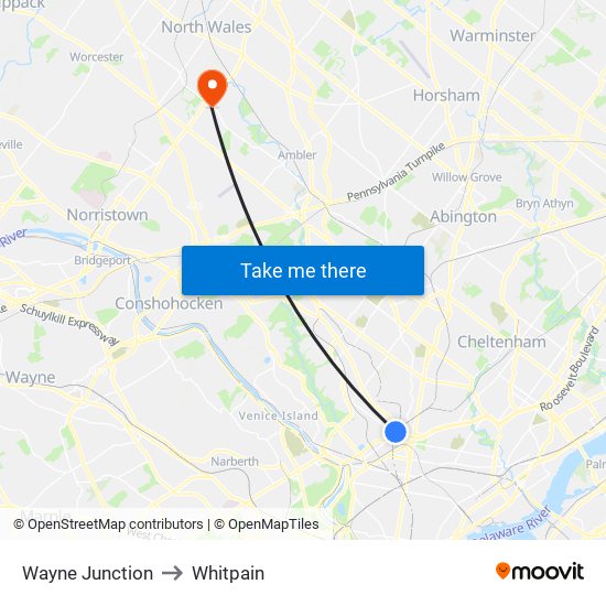 Wayne Junction to Whitpain map