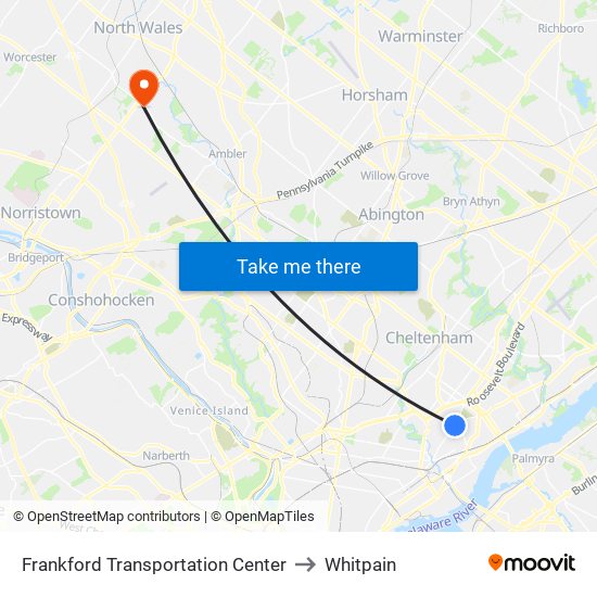 Frankford Transportation Center to Whitpain map