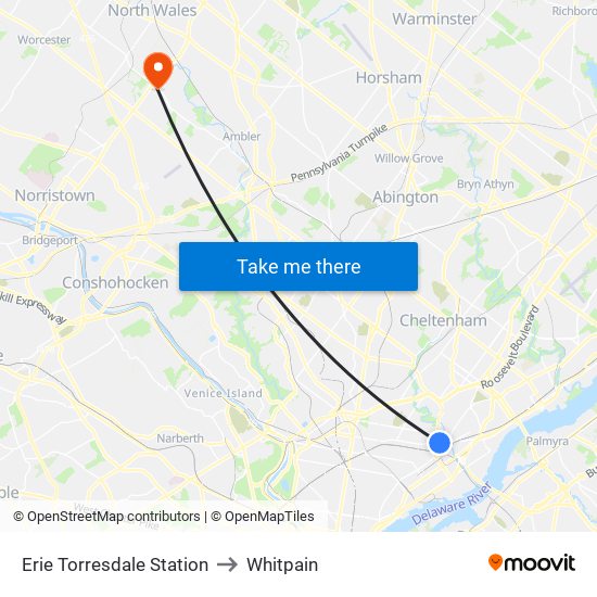 Erie Torresdale Station to Whitpain map