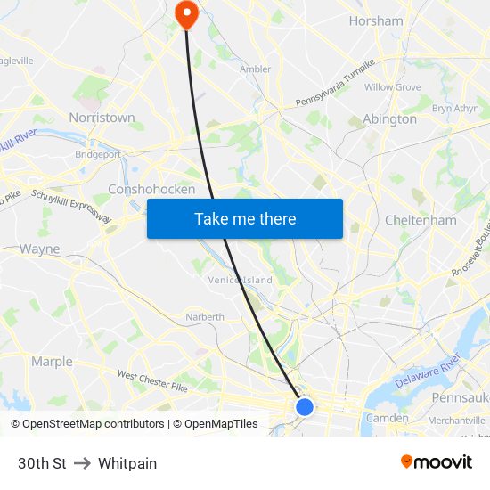 30th St to Whitpain map