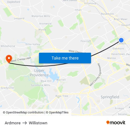 Ardmore to Willistown map