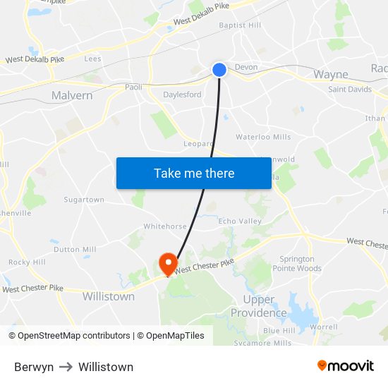 Berwyn to Willistown map