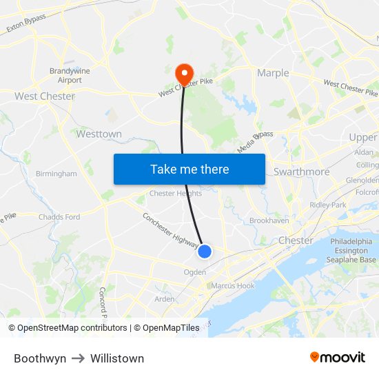 Boothwyn to Willistown map