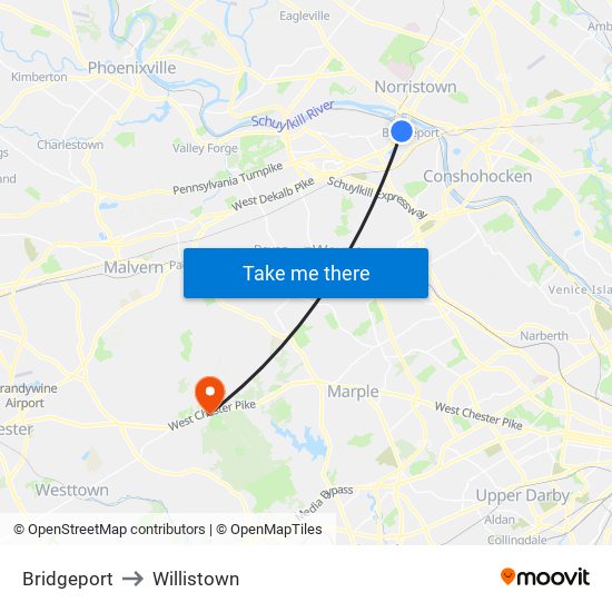 Bridgeport to Willistown map