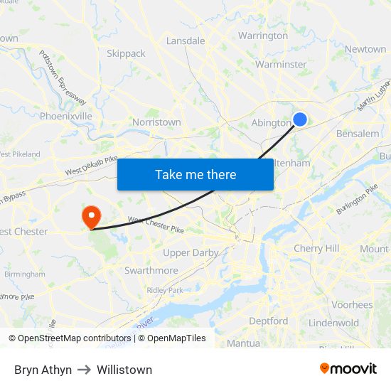 Bryn Athyn to Willistown map