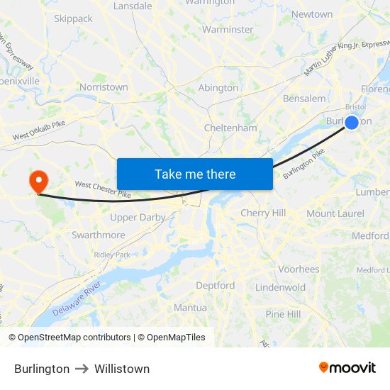 Burlington to Willistown map