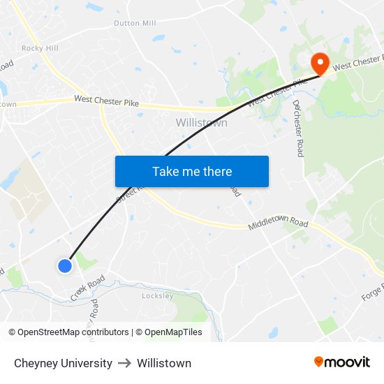 Cheyney University to Willistown map