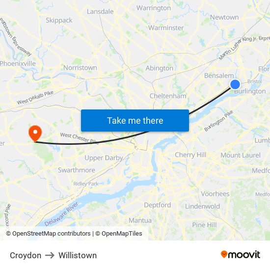 Croydon to Willistown map