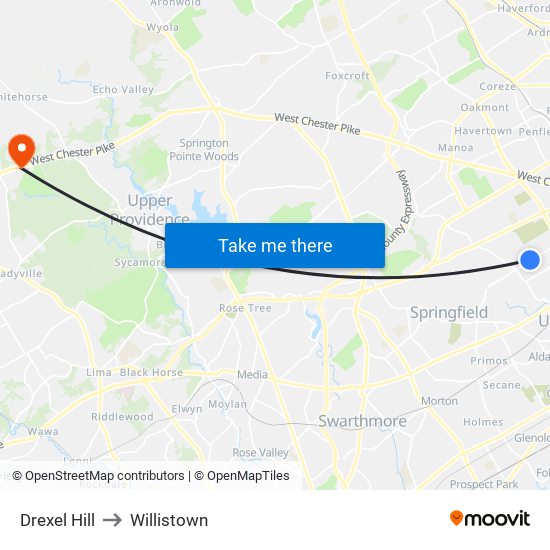 Drexel Hill to Willistown map