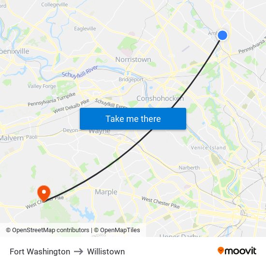 Fort Washington to Willistown map