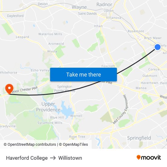 Haverford College to Willistown map