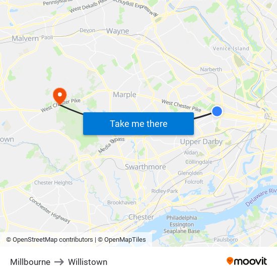 Millbourne to Willistown map