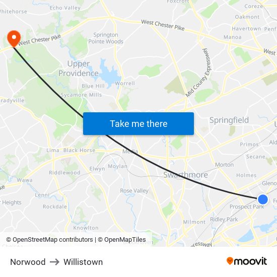 Norwood to Willistown map