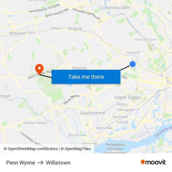 Penn Wynne to Willistown map
