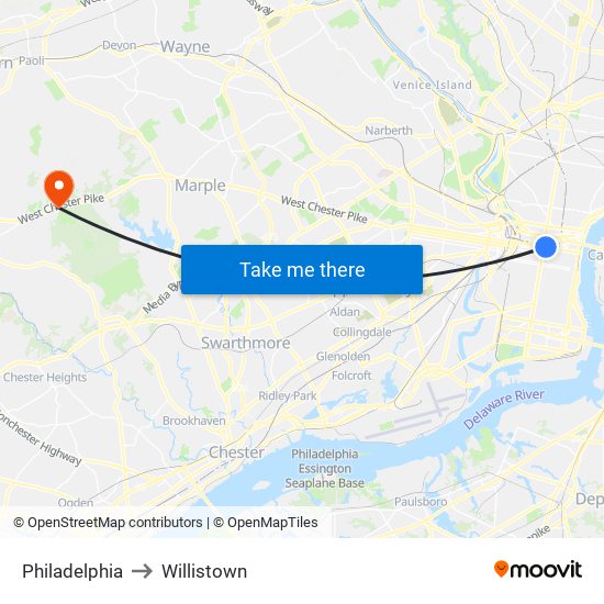 Philadelphia to Willistown map