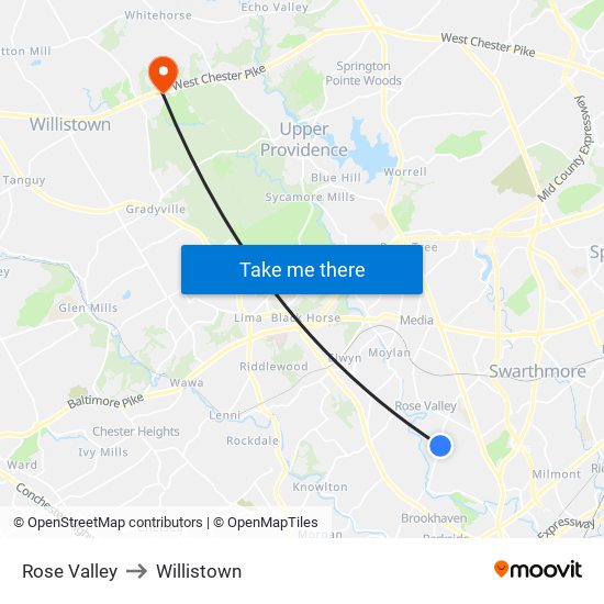 Rose Valley to Willistown map