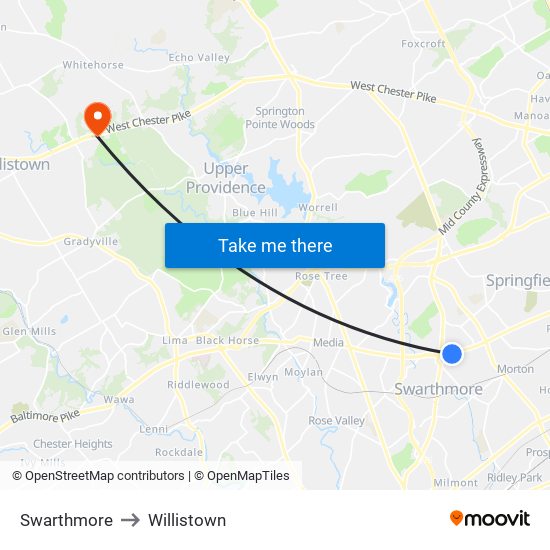 Swarthmore to Willistown map