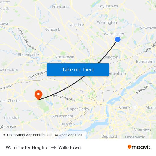 Warminster Heights to Willistown map