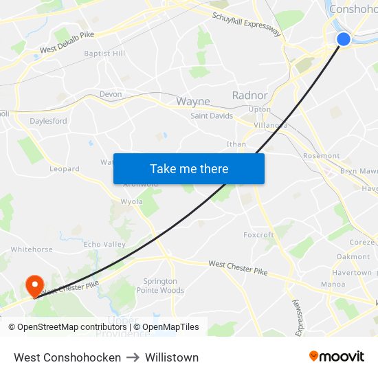 West Conshohocken to Willistown map