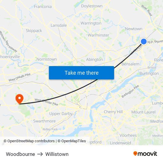 Woodbourne to Willistown map