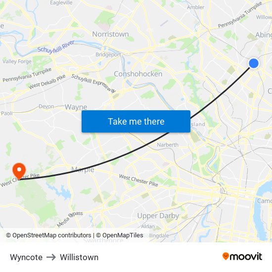 Wyncote to Willistown map