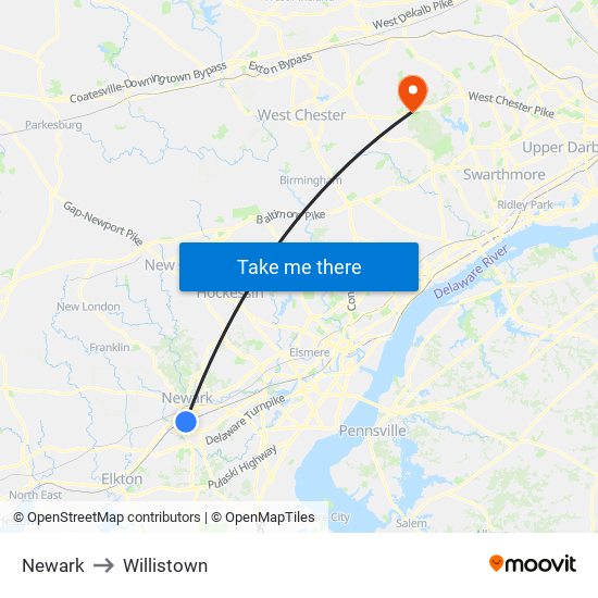Newark to Willistown map