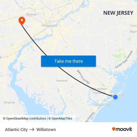 Atlantic City to Willistown map