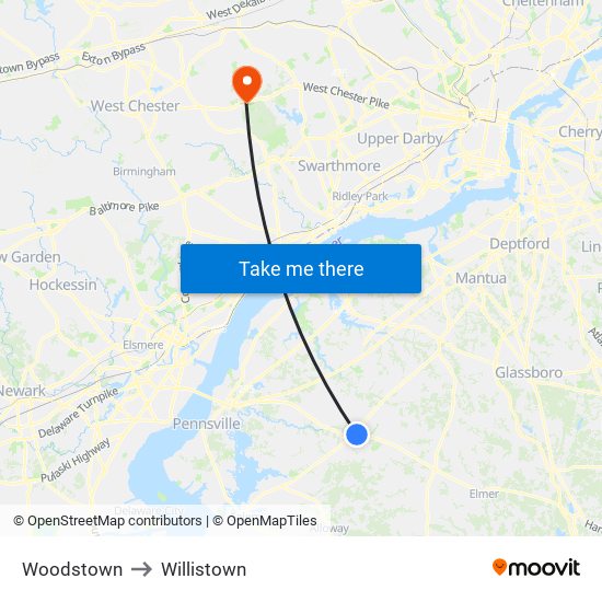Woodstown to Willistown map
