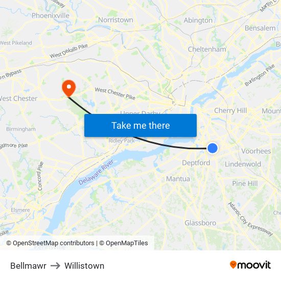 Bellmawr to Willistown map