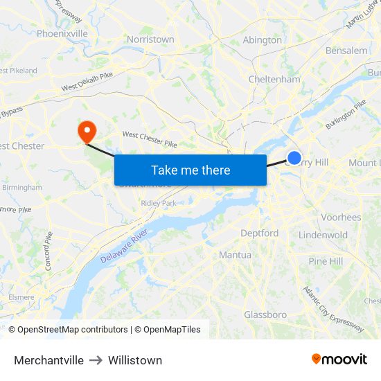 Merchantville to Willistown map
