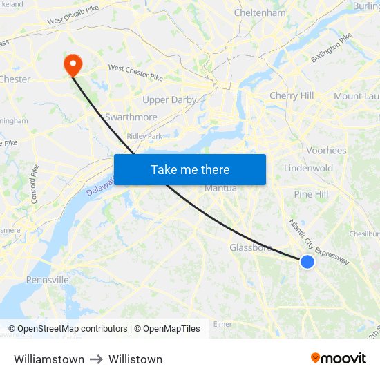 Williamstown to Willistown map