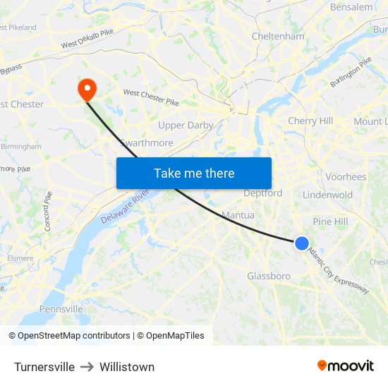 Turnersville to Willistown map