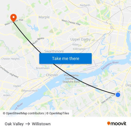 Oak Valley to Willistown map