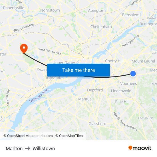 Marlton to Willistown map