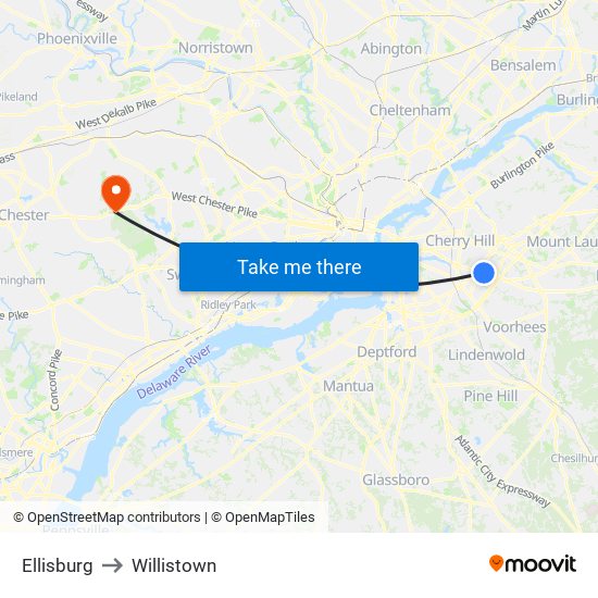 Ellisburg to Willistown map