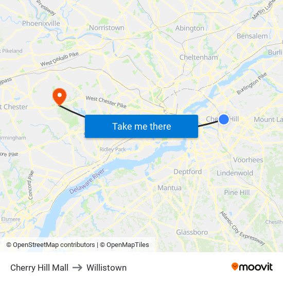 Cherry Hill Mall to Willistown map