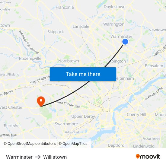 Warminster to Willistown map