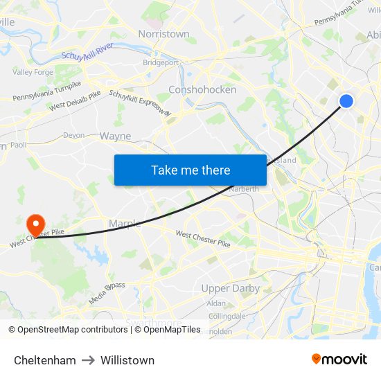 Cheltenham to Willistown map