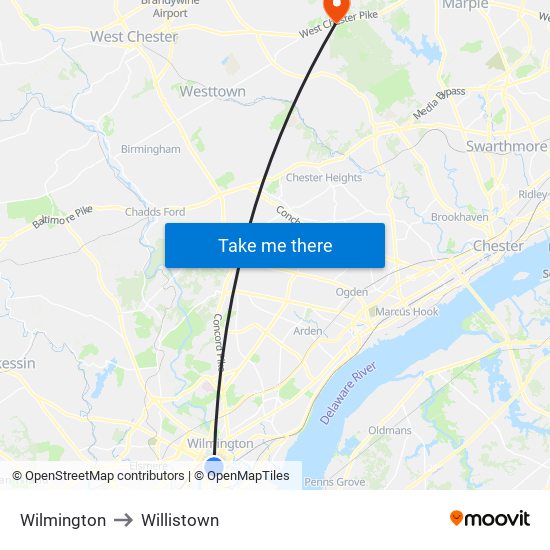 Wilmington to Willistown map